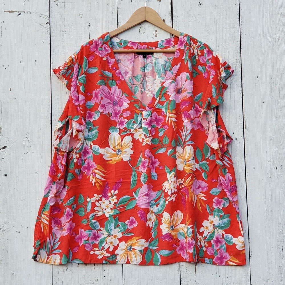 Cynthia Rowley Women's Red V Neck Blouse W Hawaiian Island Print Size 3X NEW